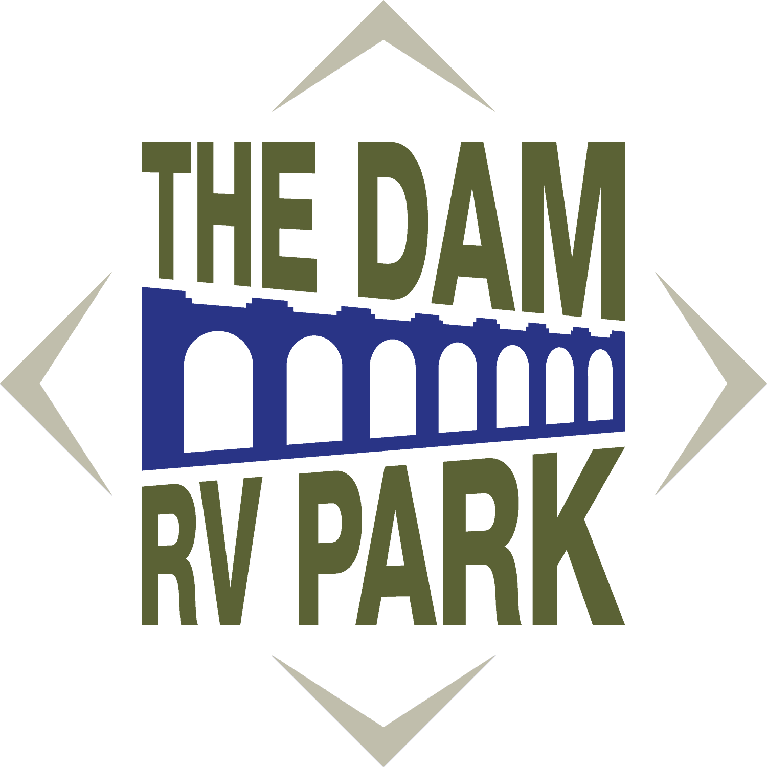 Logo for "The Dam RV Park" featuring stylized text with a blue bridge silhouette in the middle against a black background, surrounded by white diamond shapes.